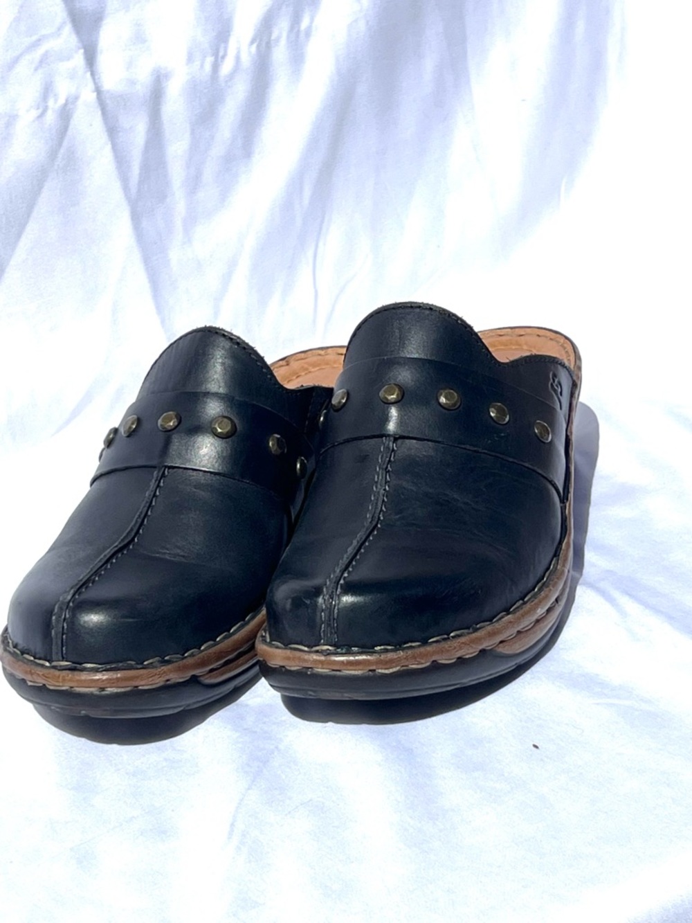 Josef Seibel Black Leather Slip-On Clogs with Stud Accents